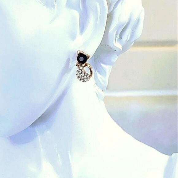 ONYX AND CZ GOLDTONE CAT EARRINGS - Picture 3 of 6